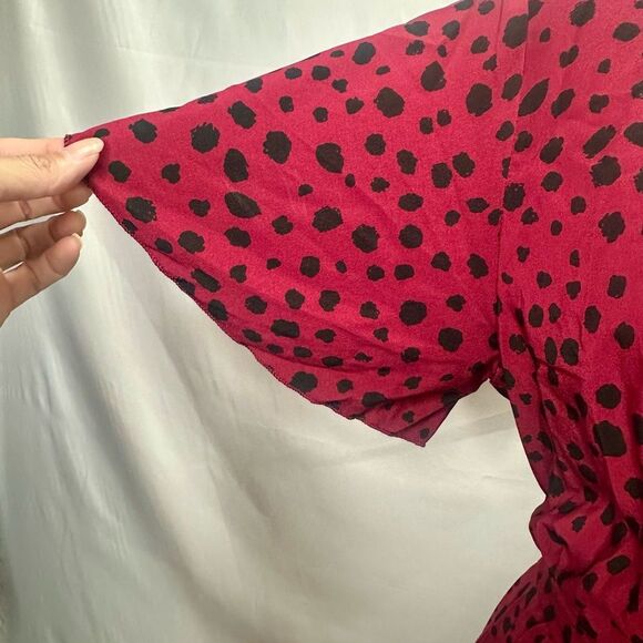 Dark Red Polka Dot Pleated Faux Wrap Dress Size L - Picture 7 of 13
